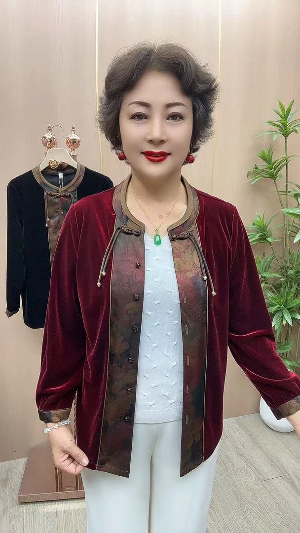 CF#840-9分袖 衣长65 中老年女装 秋季新款金丝绒拼接衬衫 妈妈衫