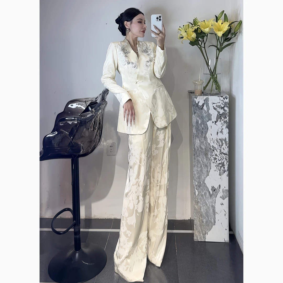 ZEROYK高级感职业装2025秋季国风提花钉珠西服阔腿裤两件套