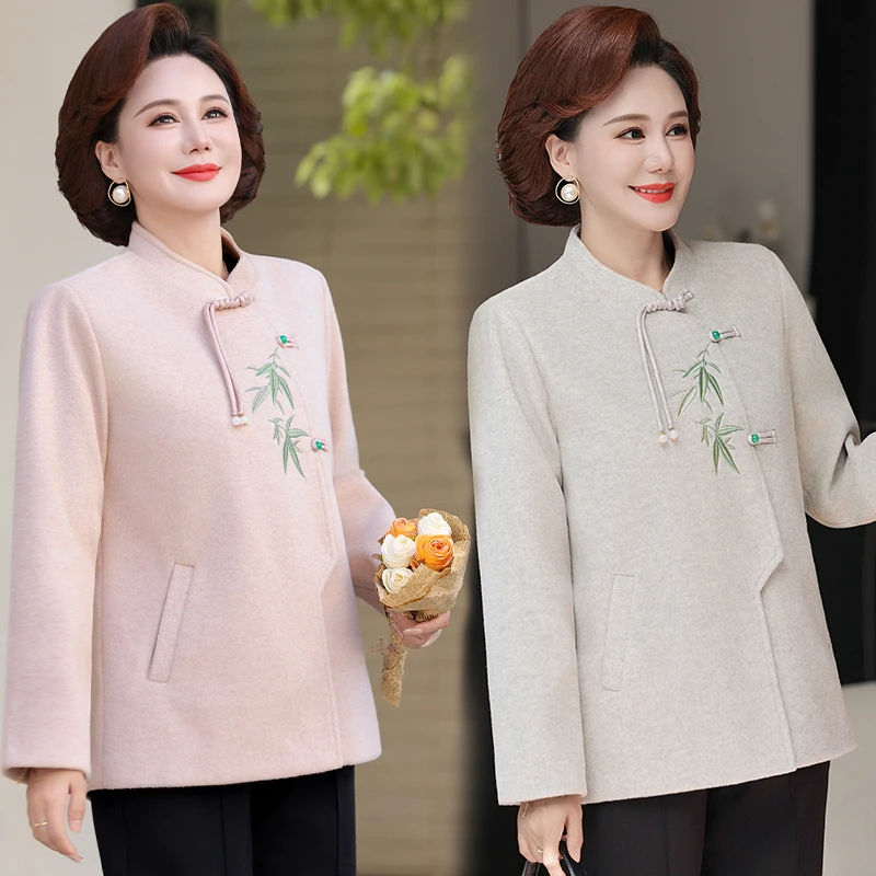 妈妈春秋季时尚毛呢外套中老年女时尚秋装洋气新中式盘扣呢子上衣