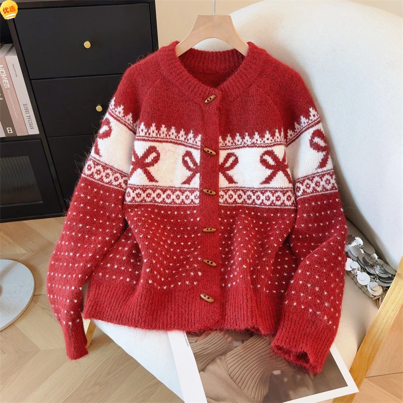 甜美减龄蝴蝶结提花复古牛角扣毛衣芝麻点开衫女秋冬新款针织外套