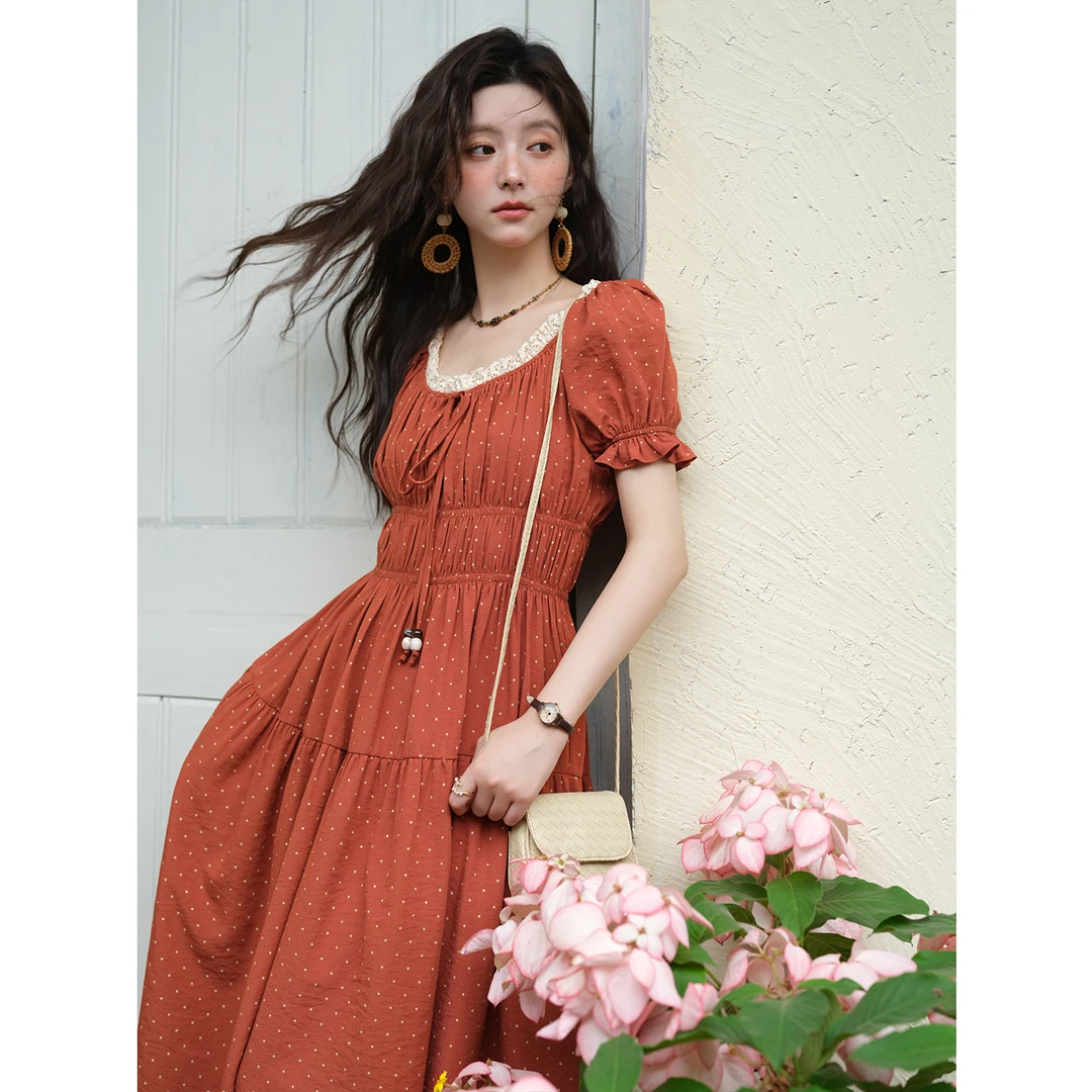 谜秀法式复古气质红色波点短袖连衣裙女2025夏季小个子裙碎花显瘦