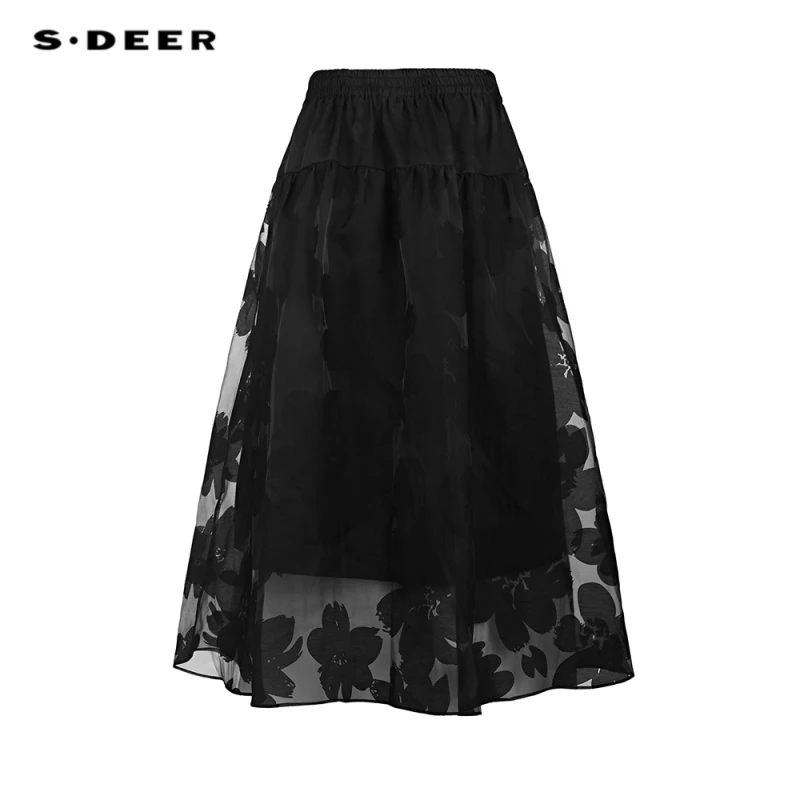 S·DEER圣迪奥气质黑色高腰时尚休闲百搭女士梭织半身裙S253Z1127