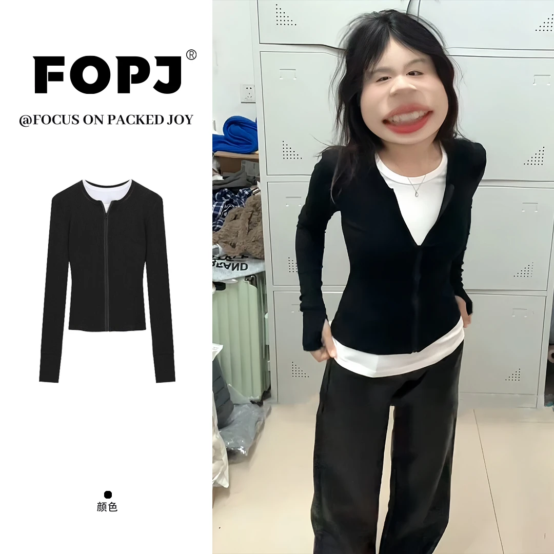 FOPJ美式春秋新款假两件上衣女设计感修身显瘦独特漂亮内搭打底衫