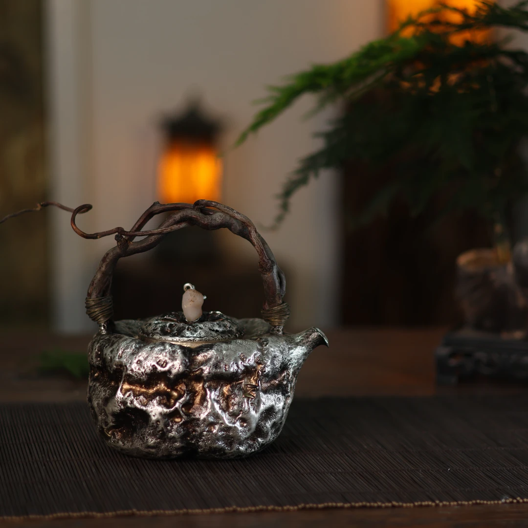 【夷嘉茗友】随形提梁把手煮水银壶，纯银，手工茶壶约800毫升