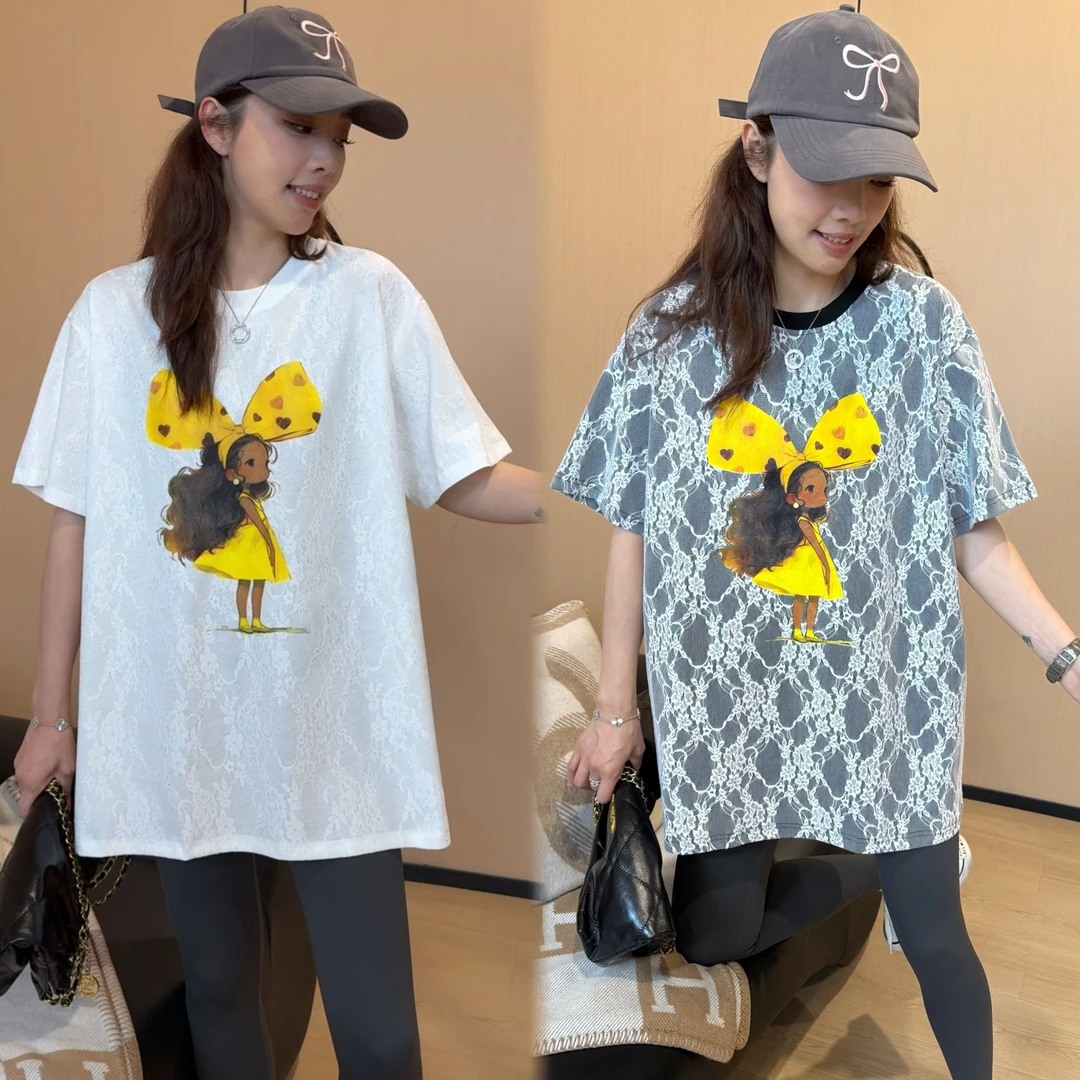 二姐的宝藏夏季上新百搭减龄蝴蝶结女孩蕾丝拼接短袖T恤#25106