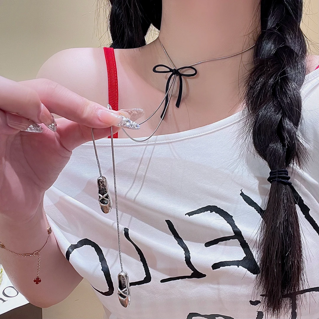 黑色大蝴蝶结项链可抽拉调节百搭气质高级F512