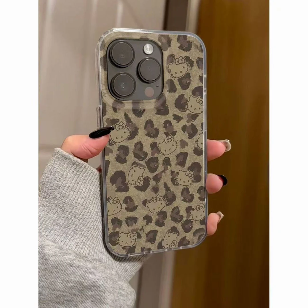 创意棕色豹纹kt猫适用苹果17Promax手机壳vivo华为oppo小米15防摔