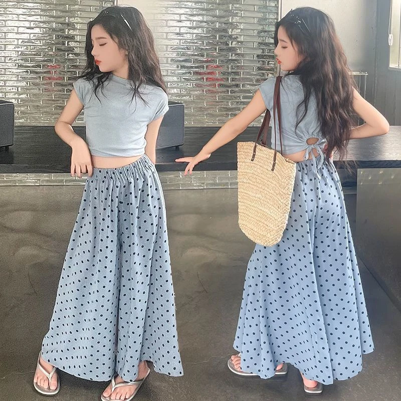 女童装夏季时髦炸街t套装中大儿童女孩波点阔腿裙裤个性T恤两件套