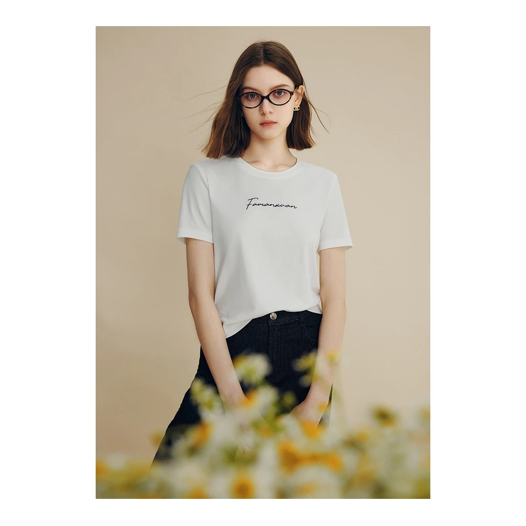法曼萱全棉液氨字母刺绣白色短袖T恤女2025春新款设计感正肩上衣