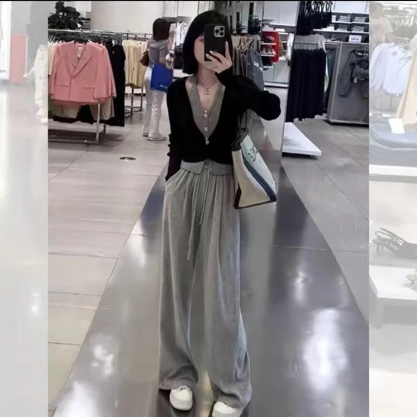 大码女装上衣新款纯欲减龄假两件针织开衫+高腰阔腿裤显瘦两件套