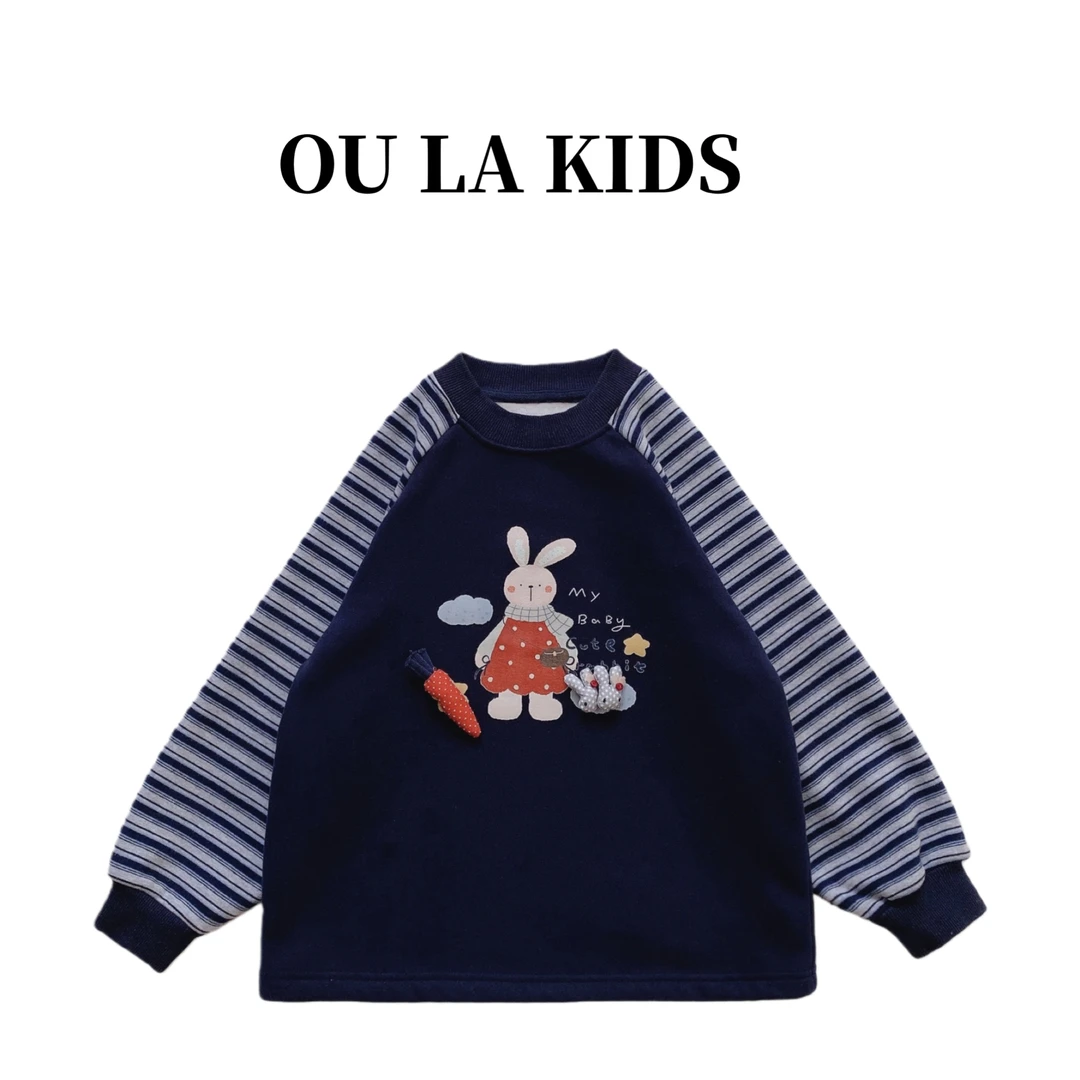 2025冬季新品女童韩版休闲条纹插肩小兔一体绒百搭童装卫衣CB9967