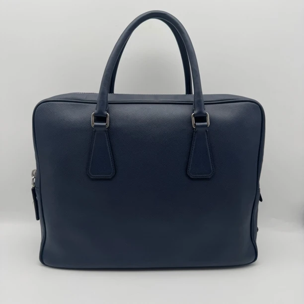 95新 Prada/普拉达 97音藏蓝色十字纹手提公文包/2166