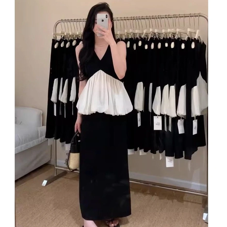 法式复古减龄撞色花苞无袖上衣套装女2025夏季配长裙性感两件套