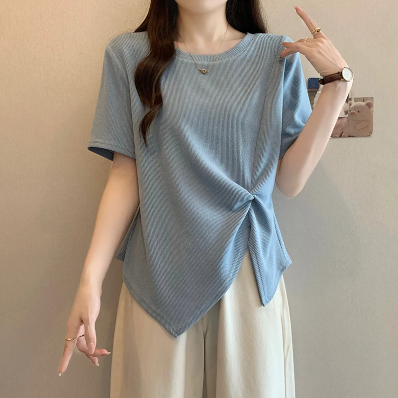 大码女不规则鱼骨短袖t恤胖mm显瘦设计感扭结短款遮肚子气质上衣