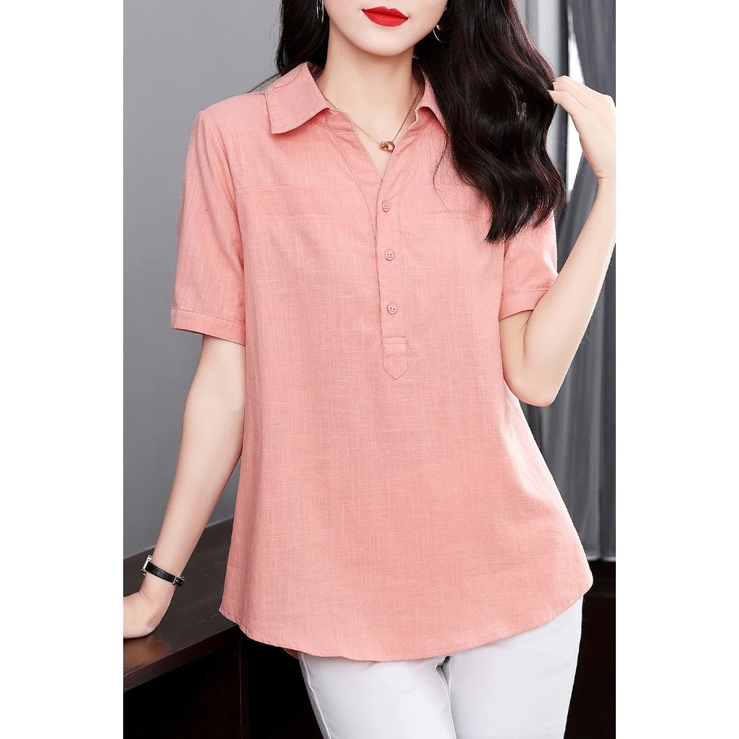 棉麻短袖衬衫女新款2025年大码女装宽松纯棉t恤衬衣夏季女士上衣