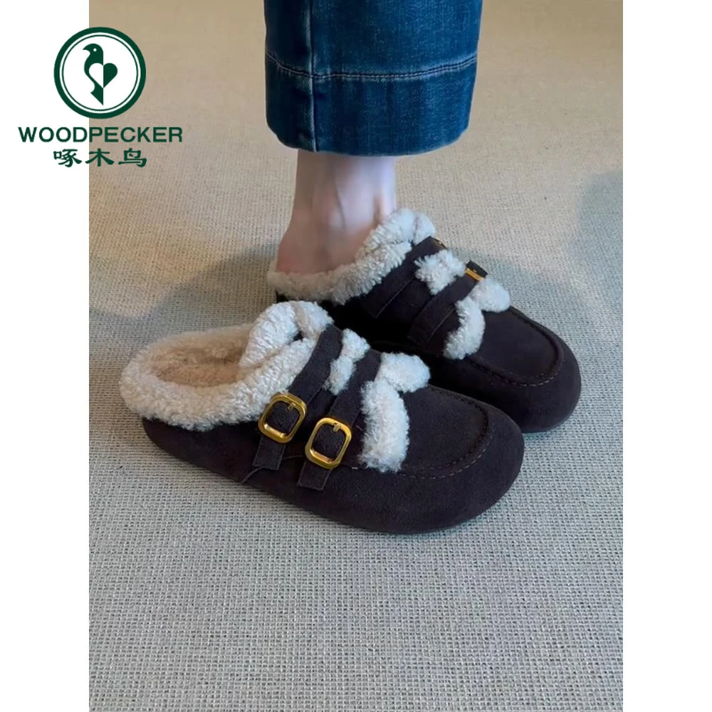 啄木鸟一脚蹬加绒保暖毛毛勃肯鞋女双扣带厚底懒人外穿包头鞋子冬