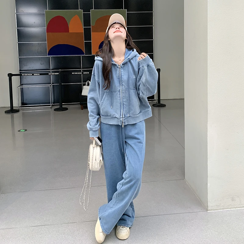 蓝色港风针织牛仔套装女2025年春季新款连帽卫衣高腰阔腿裤两件套