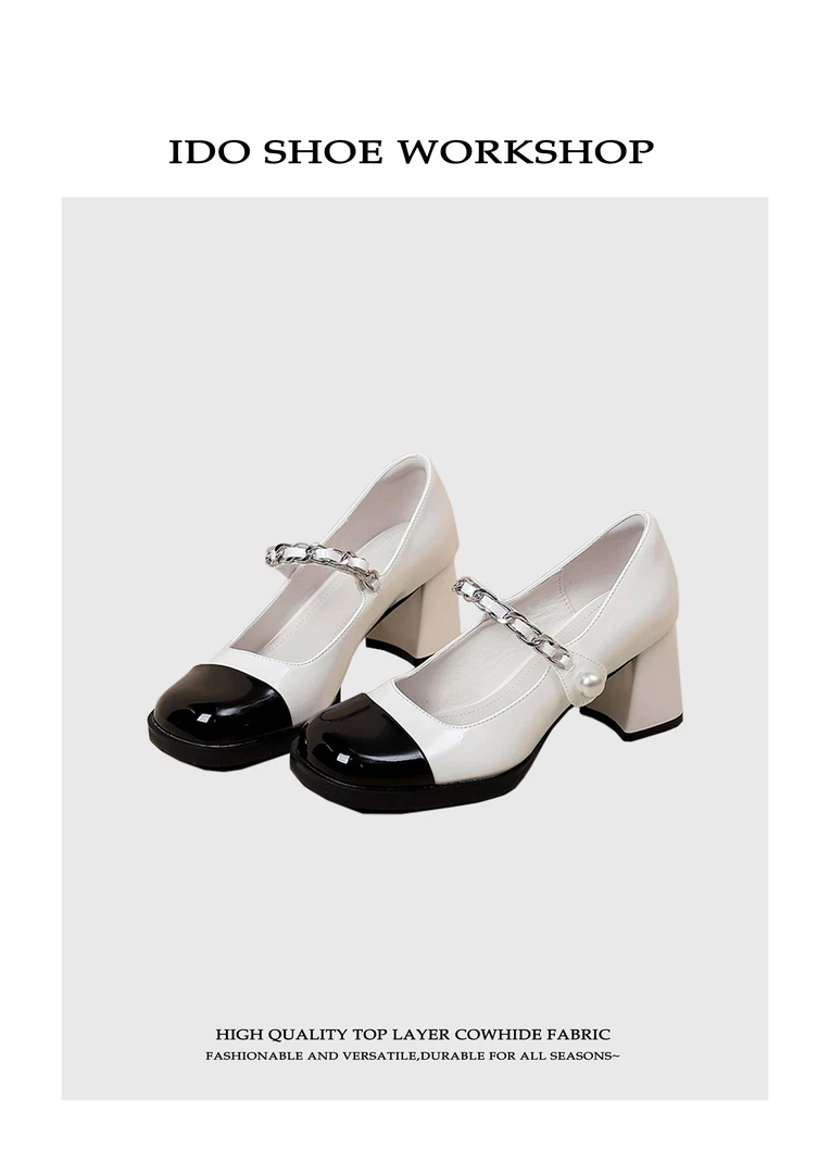 [iD0]法式复古粗跟玛丽珍鞋小香风拼色珍珠粗跟气质单鞋高跟鞋女