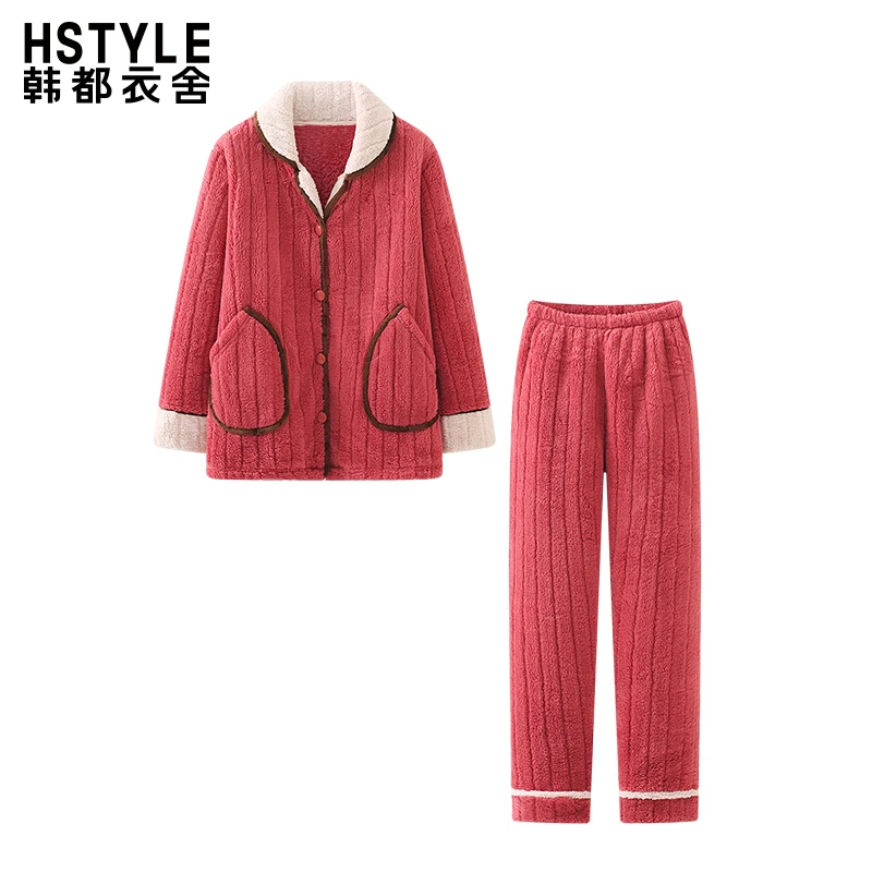 韩都衣舍红色翻领撞边女款加绒睡衣两件套女2025春季新款高级时尚