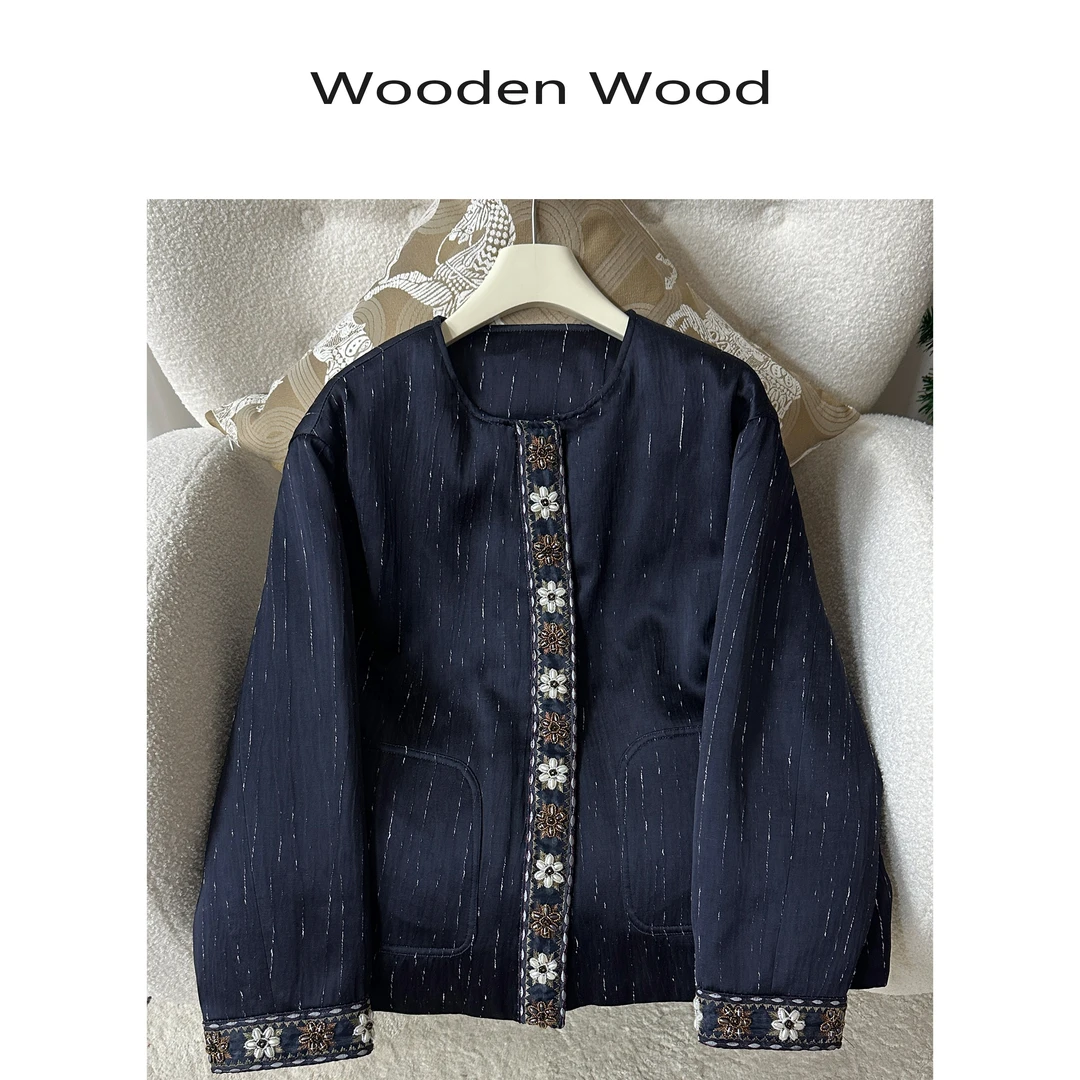 Wooden Wood“夜静繁花”高端醋酸缎面光感钉珠鹅绒外套秋冬P24031