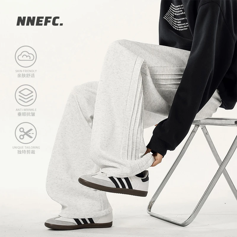 NNEFC黑色条纹水洗做旧休闲卫裤男休闲百搭直筒裤宽松阔腿长裤