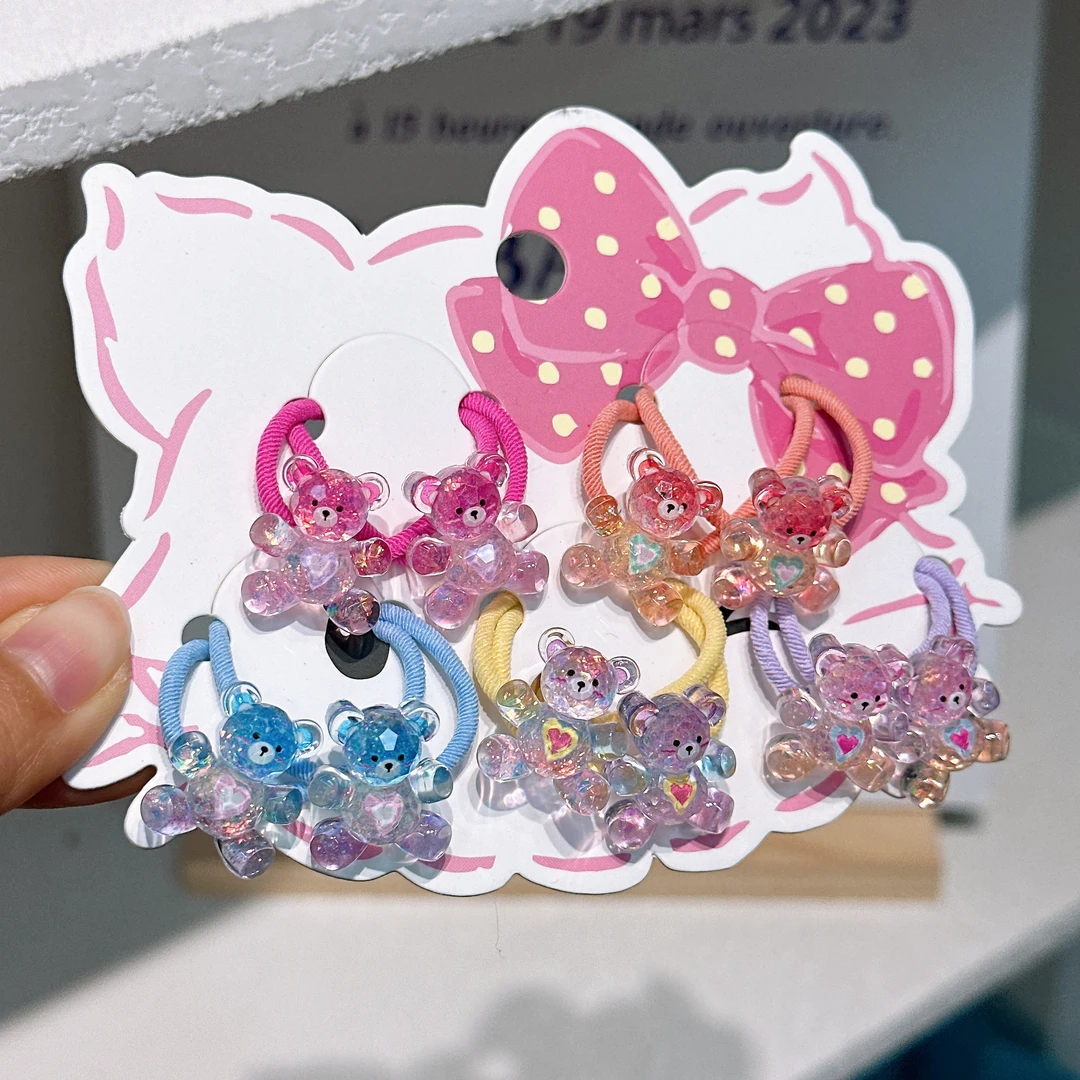 A-6368  bh  混色5对小熊爆闪切面渐变爱心不伤发螺纹皮筋  发圈