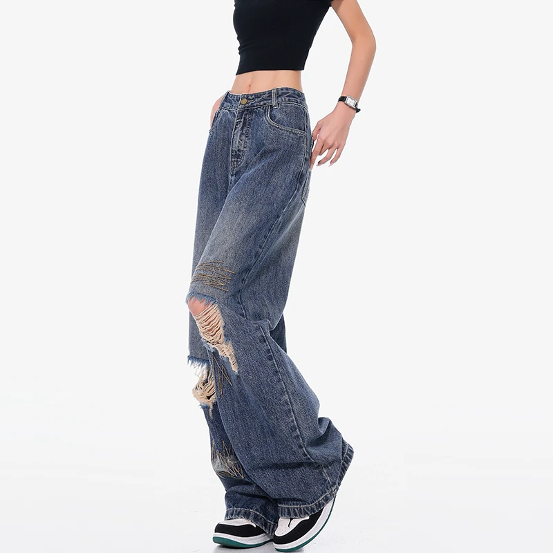 KEN STUDIO夏季美式破洞牛仔裤女刺绣设计感休闲直筒裤阔腿裤新款