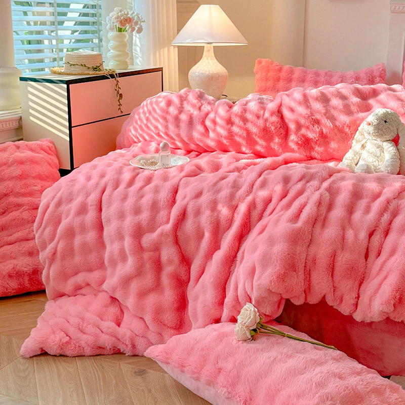 冬季加厚加绒牛奶绒床上四件套公主风双面绒床单被套珊瑚绒4件套