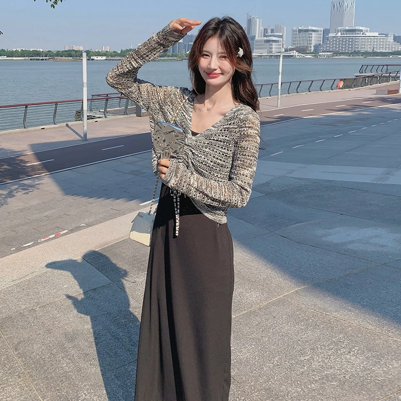 时尚套装气质高腰针织显瘦女装吊带长裙春秋中长款