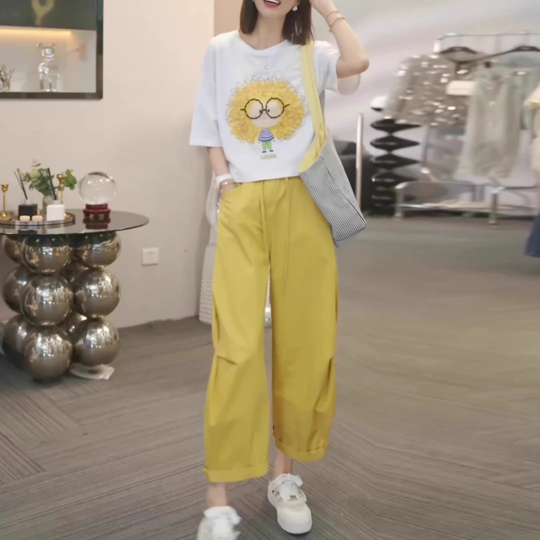 网红爆款休闲运动套装女夏2025新款欧货印花短袖九分裤宽松两件套