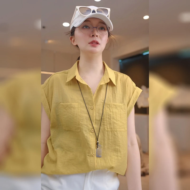 设计感口袋薄款短袖衬衫女士夏季韩版单排扣宽松显瘦衬衣休闲上衣