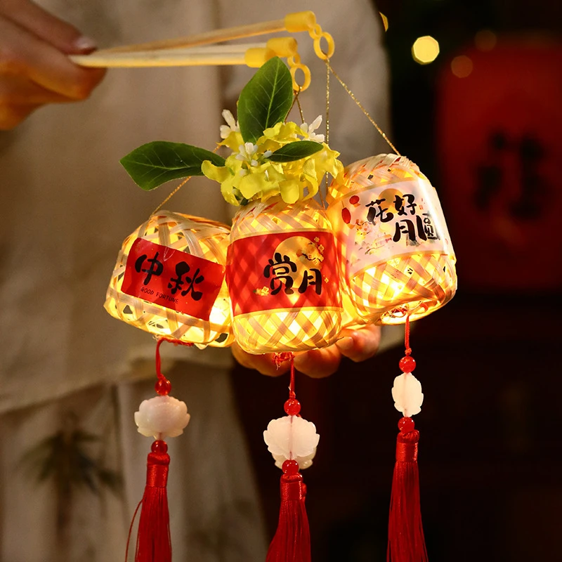 非遗竹编古风兔子手提发光儿童摆摊玩具小花灯笼手工diy挂饰