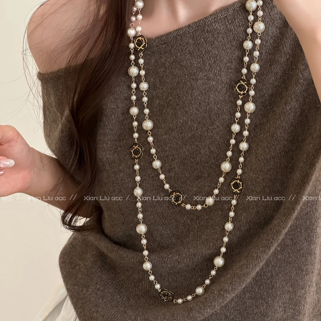 铜合金项链 双层叠戴长款仿珍珠项链女轻奢高级感毛衣链秋冬配饰