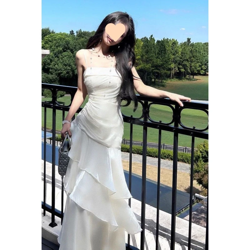 盛夏小众法式轻奢流光吊带连衣裙不规则荷叶边设计鱼尾生日轻礼服