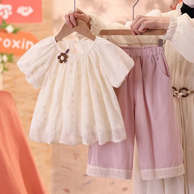 女童夏装套装2025夏季新款洋气时髦儿童薄款短袖上衣阔腿裤两件套