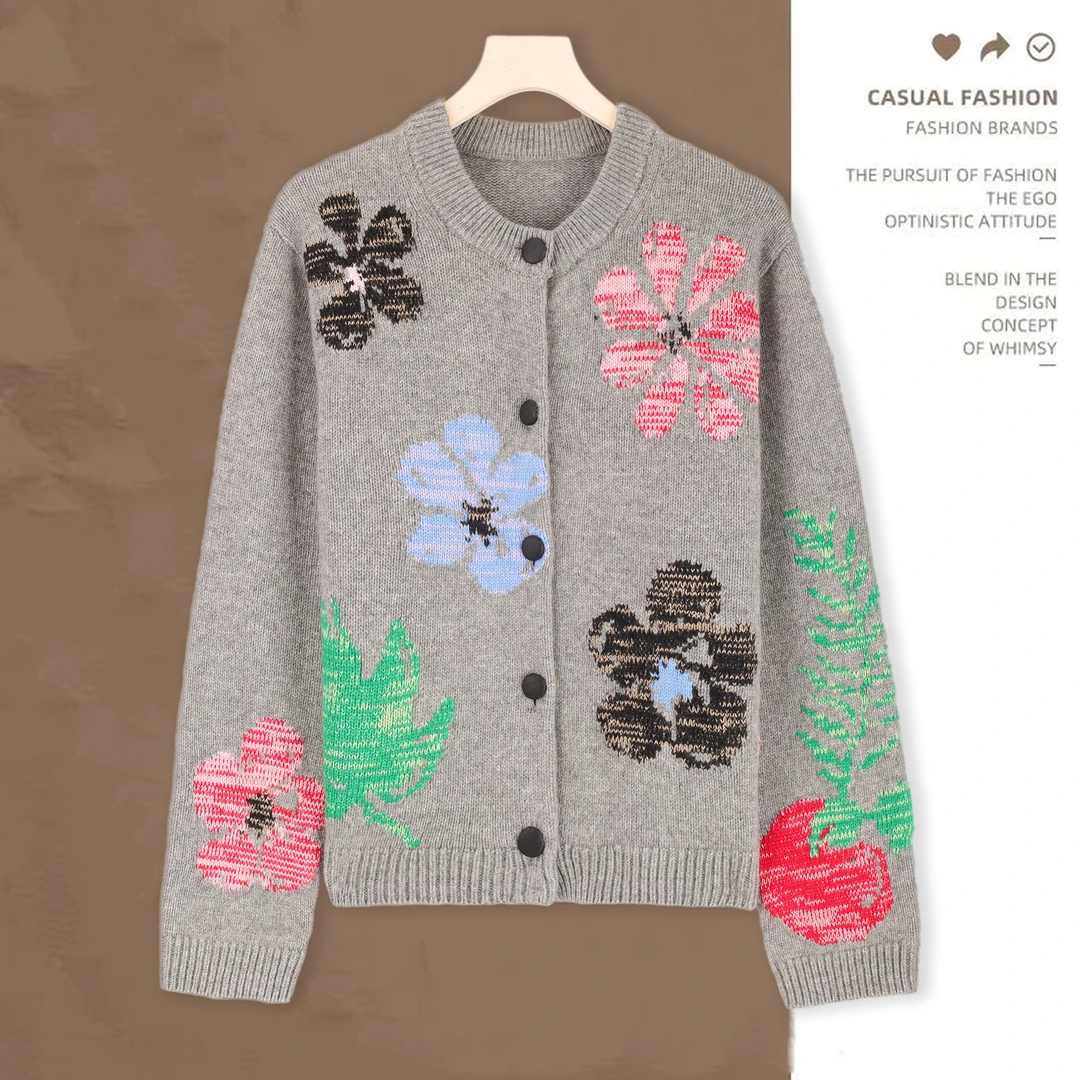 【冬日生机】100山羊绒撞色圆领重工加厚针织开衫 80028