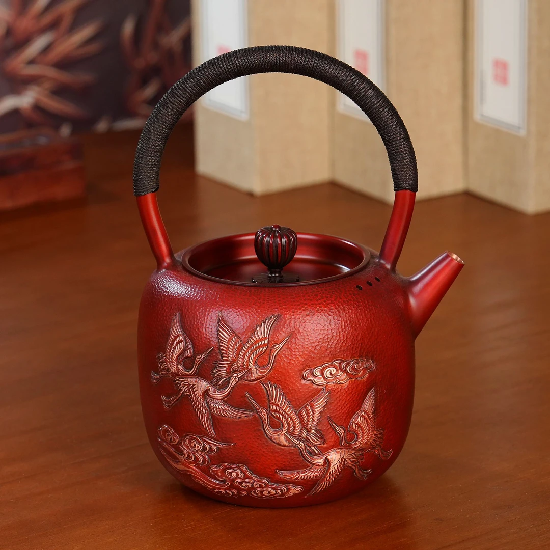 朱炳仁六鹤同春装饰摆件高端送人送礼复古家用泡茶壶纯手工紫铜壶