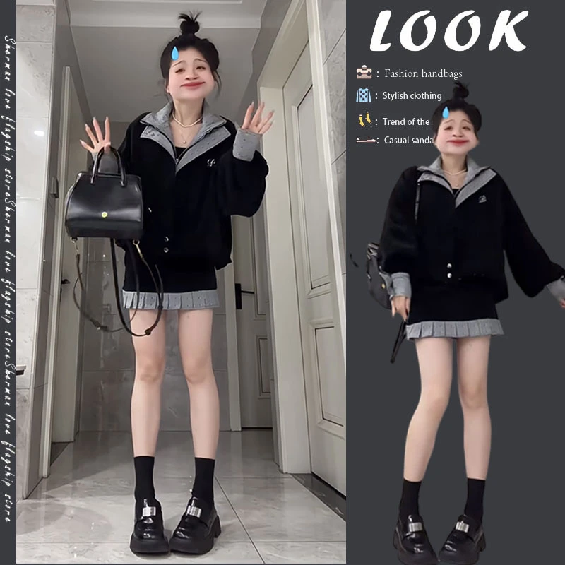 入秋一整套女装2025新款韩版时尚百搭宽松拼接夹克外套短裙两件套