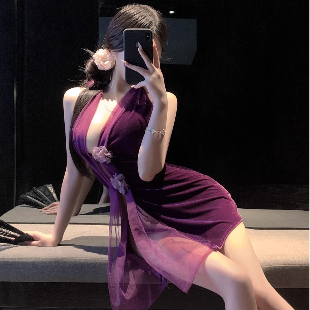 紫鸢尾旗袍性感挂脖高级感修身显瘦睡裙