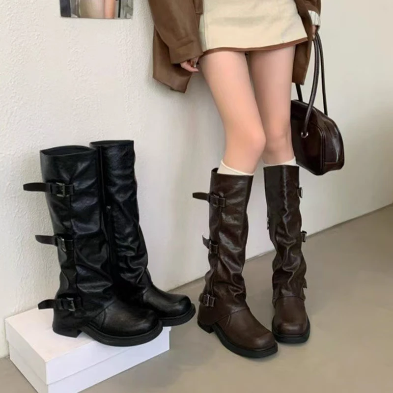 中筒靴长筒靴女厚底增高春秋松糕金属烟管靴高筒骑士长靴E300