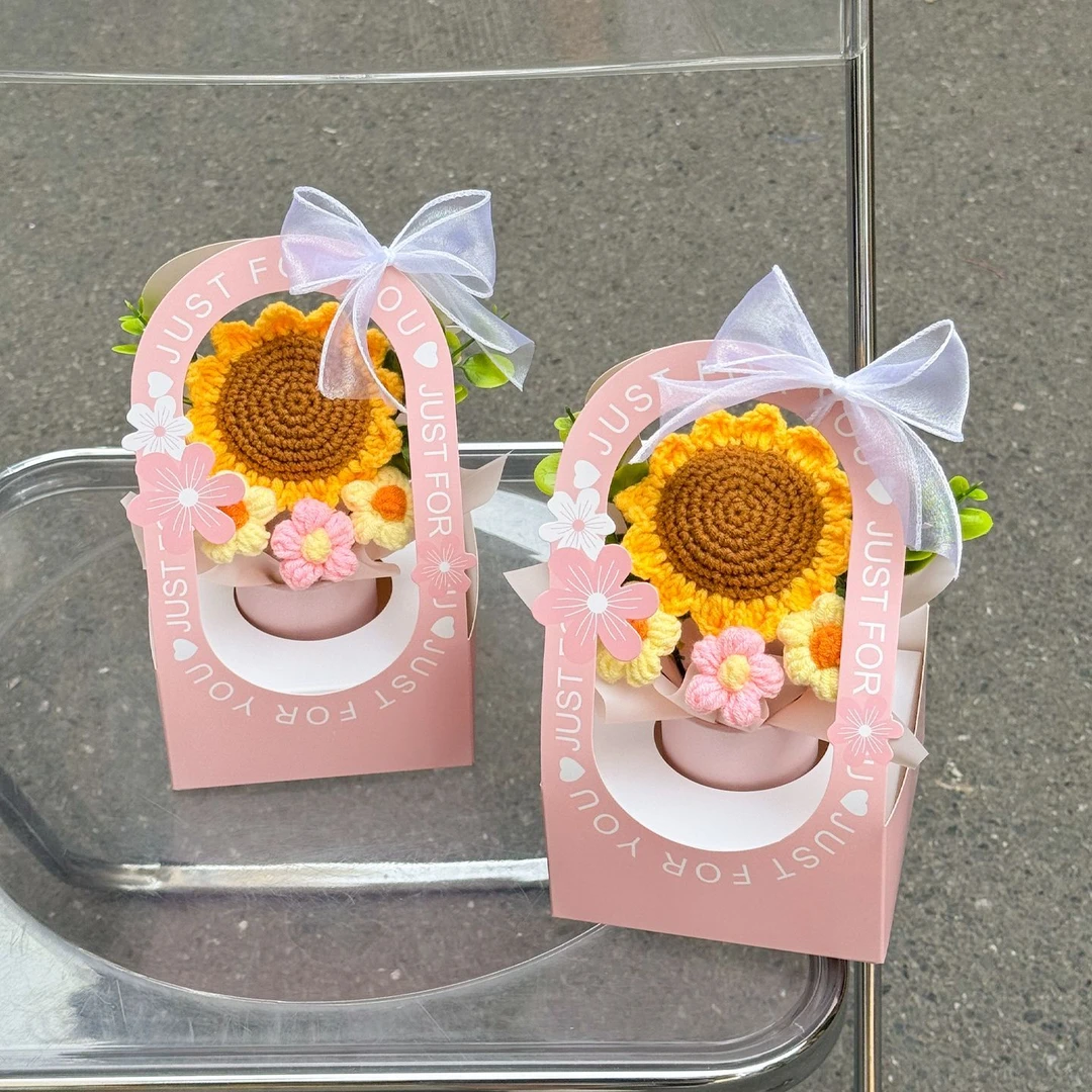 教师节礼物送男女老师向日葵仿真钩针毛线泡芙成品花束手提盒成品