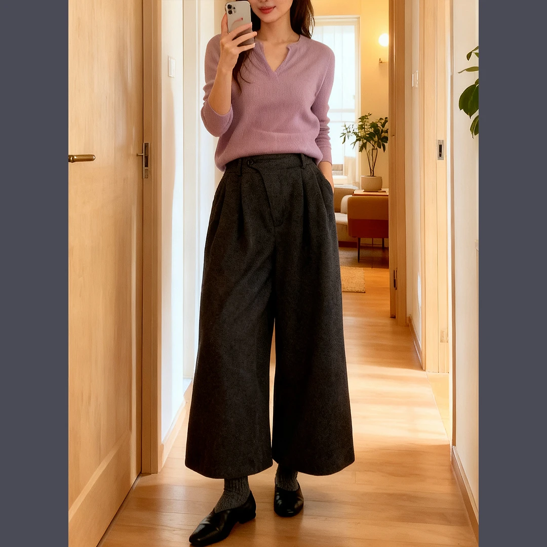 欧货加厚毛呢八分阔腿裤女2025秋冬新款宽松显瘦小个子直筒休闲裤