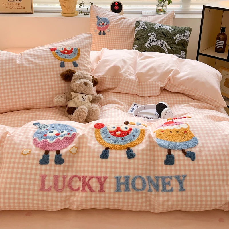 卡通风炫彩蛋糕毛巾绣床上四件套纯棉100%全棉可裸睡被套床单床笠