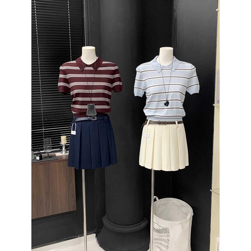 韩版百搭撞色条纹polo领针织衫女夏季通勤简约miu系减龄薄款上衣