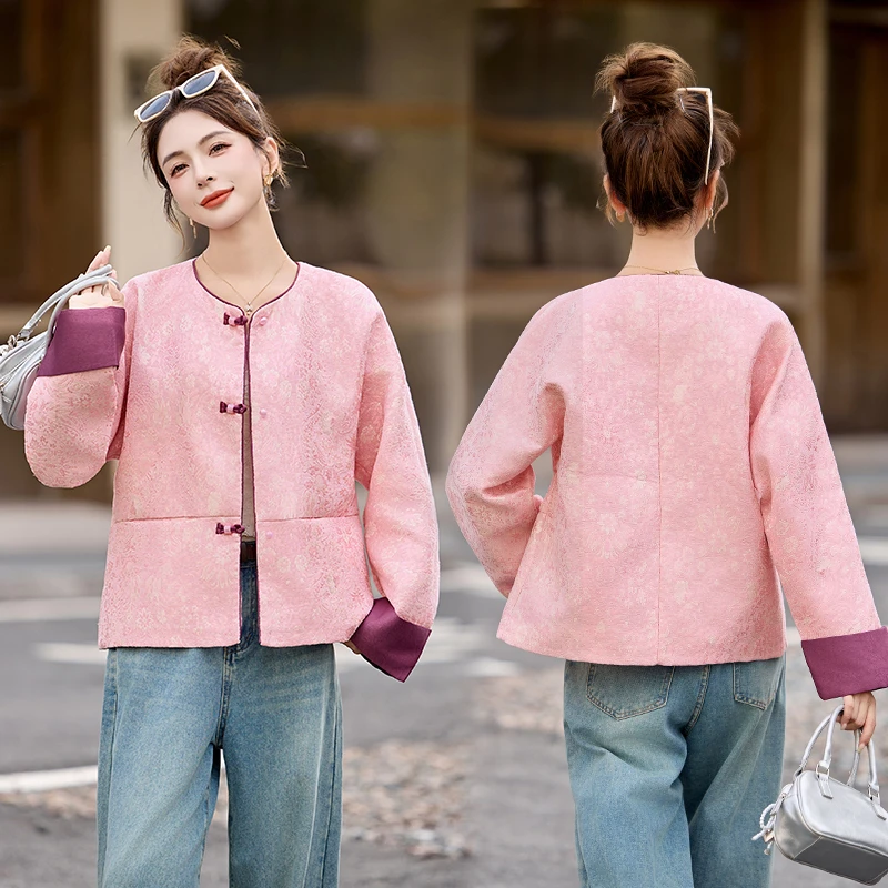 新中式国风提花宽松外套女2025年秋季新款高级感休闲圆领盘扣上衣