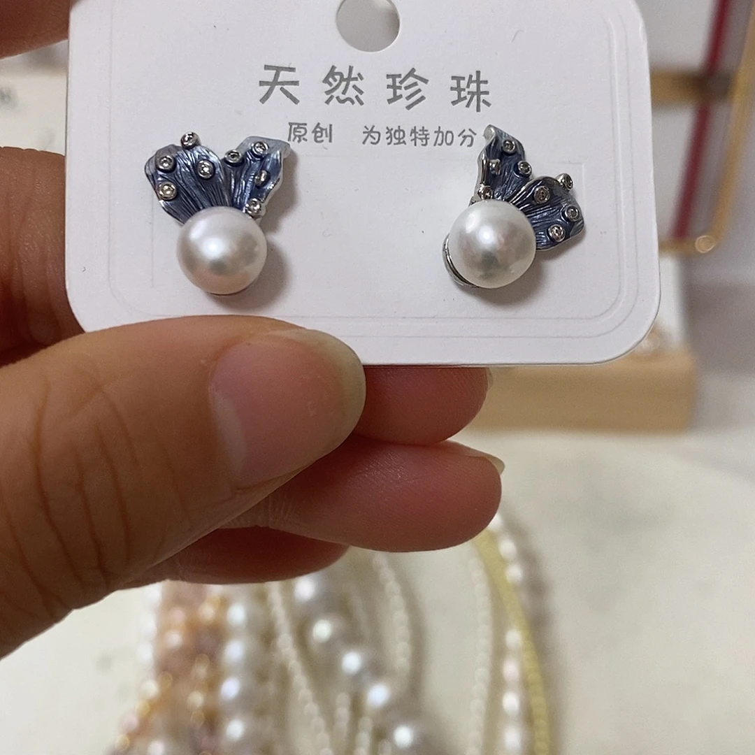 耳饰银S925镶嵌淡水珍珠