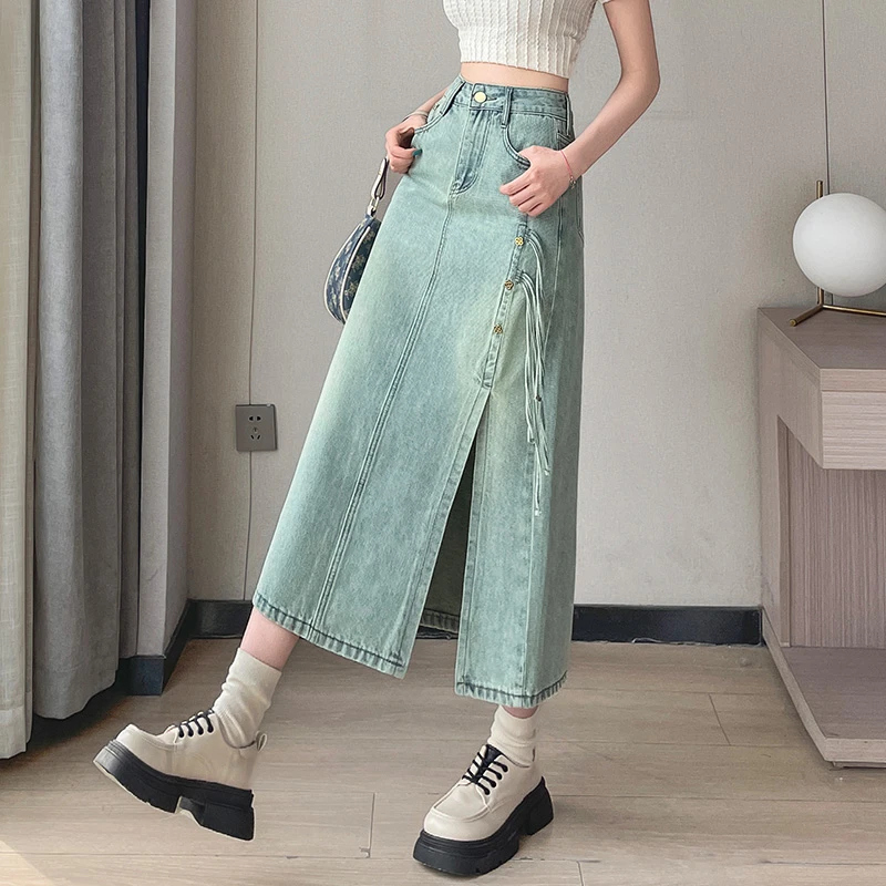 开叉半身裙子女高腰爆款洋气牛仔裙显瘦长裙半裙女夏季薄款女款
