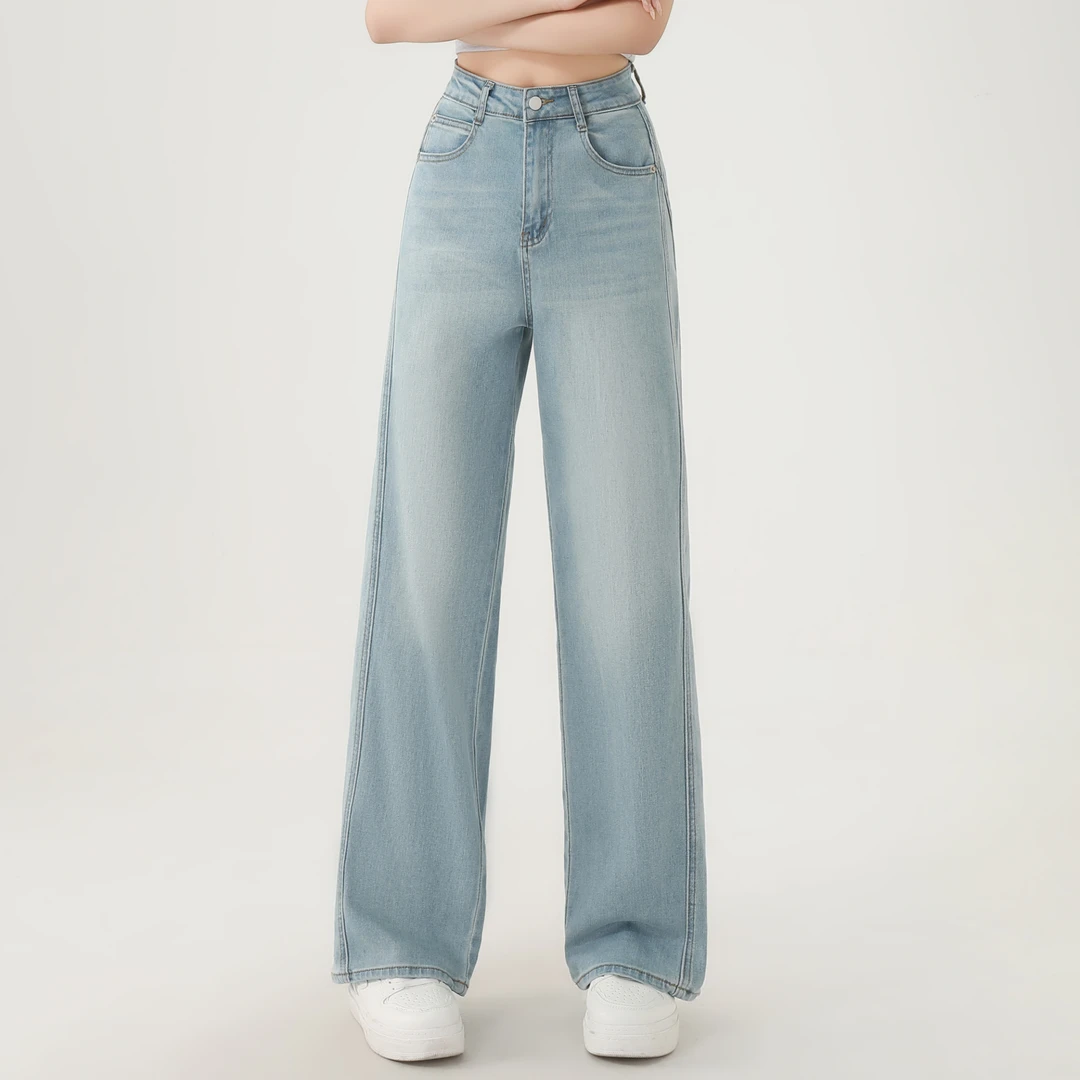 8810春季女中高腰牛仔裤春蓝色弯刀阔腿裤长裤裤子复古直筒韩版
