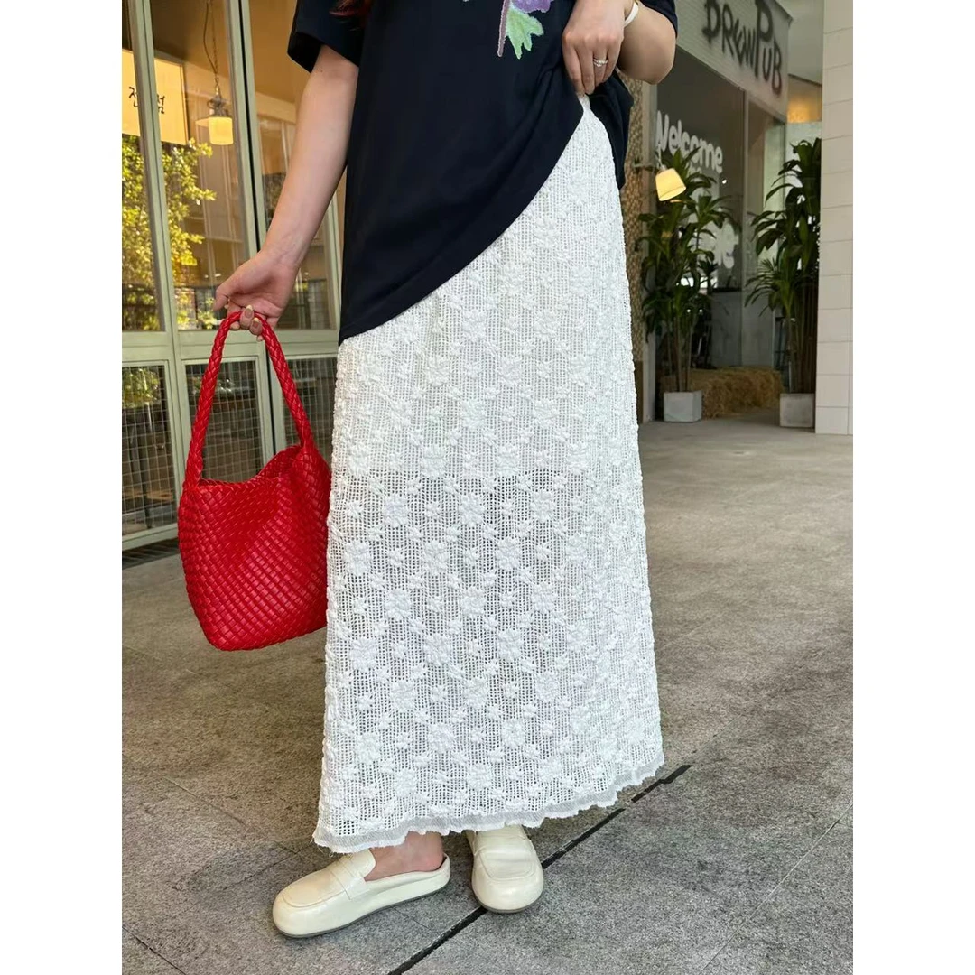 Xiaix【蕾丝密语】显瘦高腰宽松休闲纯色镂空蕾丝半身裙BQ250612