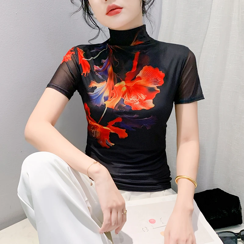 欧货女装2025春夏时尚洋气高领印花定位花短袖网纱设计感上衣